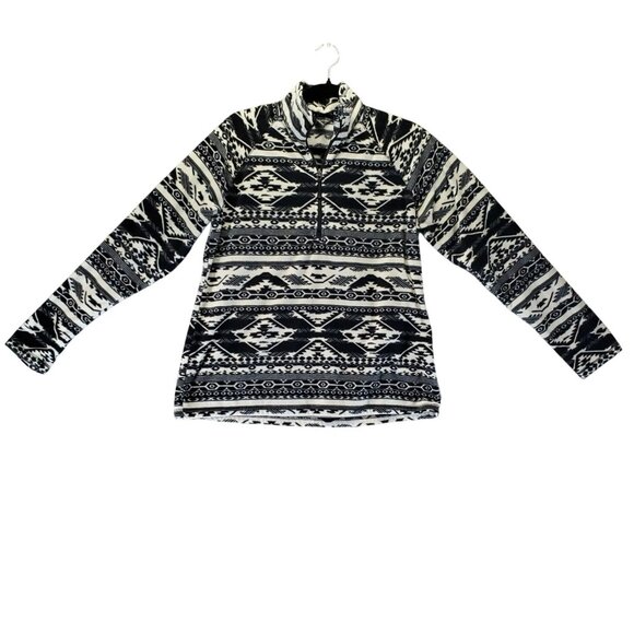 Eddie Bauer Sweater Womens Large Black & White Aztec Fleece 1/4 Zip Pullover - Picture 1 of 8